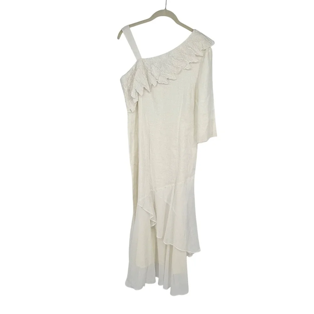 Vintage JSong White 100% Linen One Shoulder‎ Embroidered Leaf Maxi Dress 8